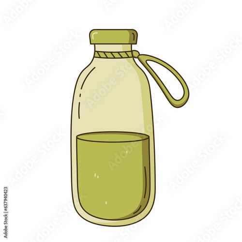 Green reusable glass bottle. Plastic free, zero waste concept. Doodle hand drawn.