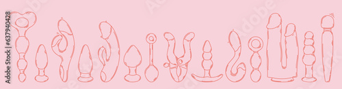 Outline sex toys. Red erotic set on a pink background. Hand drawn. Line art. Modern style.