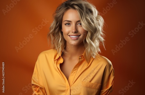 Beautiful woman with blond hair standing in front of orange background
