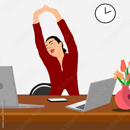 Vector of Stressful or tired businesswoman working at workplace. 