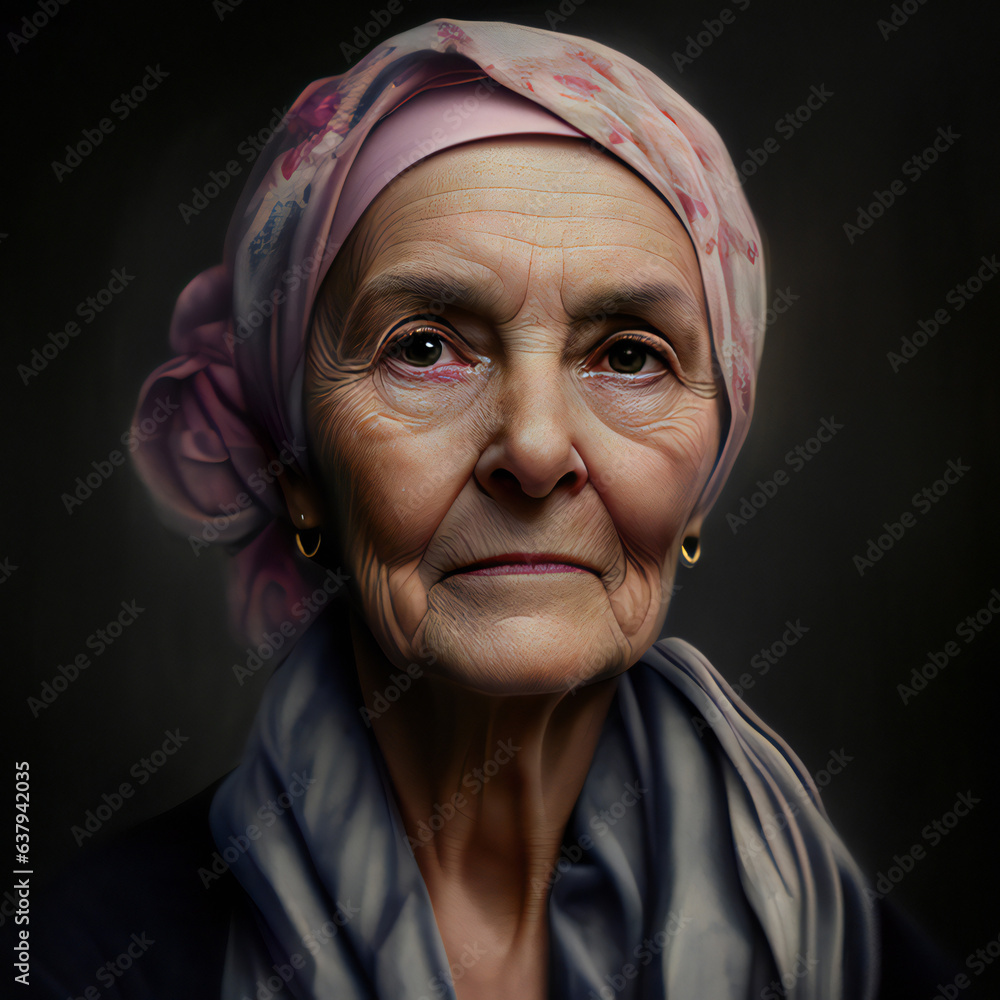 Portrait of an elderly woman with a headscarf on dark background. Cancer survivor. Cancer awareness concept. Portrait of an elderly woman with a headscarf on dark background. Cancer survivor. Cancer awareness concept.