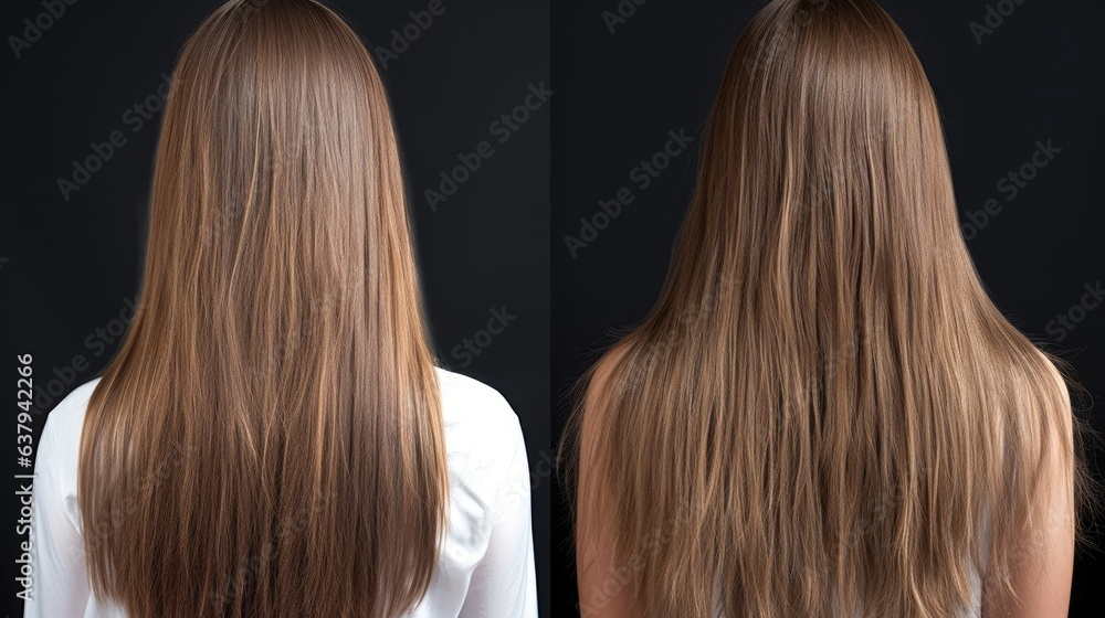 Keratin applied to hair and before and after photo of care Keratin applied to hair and before and after photo of care