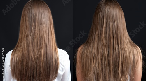 Keratin applied to hair and before and after photo of care