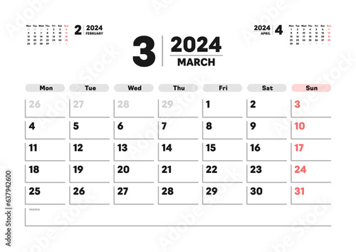 2024年3月のカレンダー - 月曜始まりの月めくりカレンダー - 3ヶ月分･祝日表記なし･A版比率
