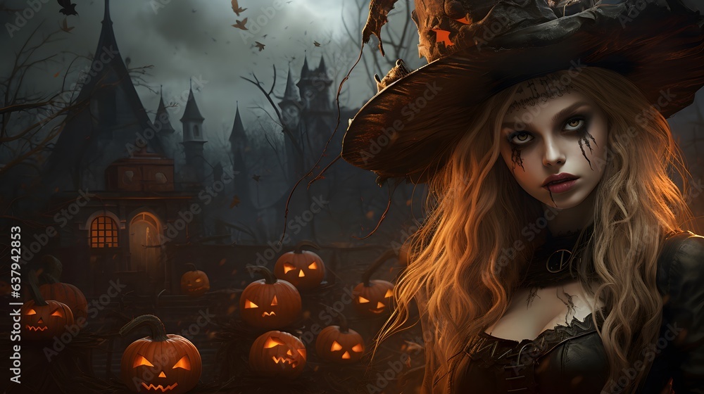 Halloween witch with pumpkins and haunted house. 3D illustration. Halloween background with witch. Halloween witch with pumpkins and haunted house. 3D illustration. Halloween background with witch.