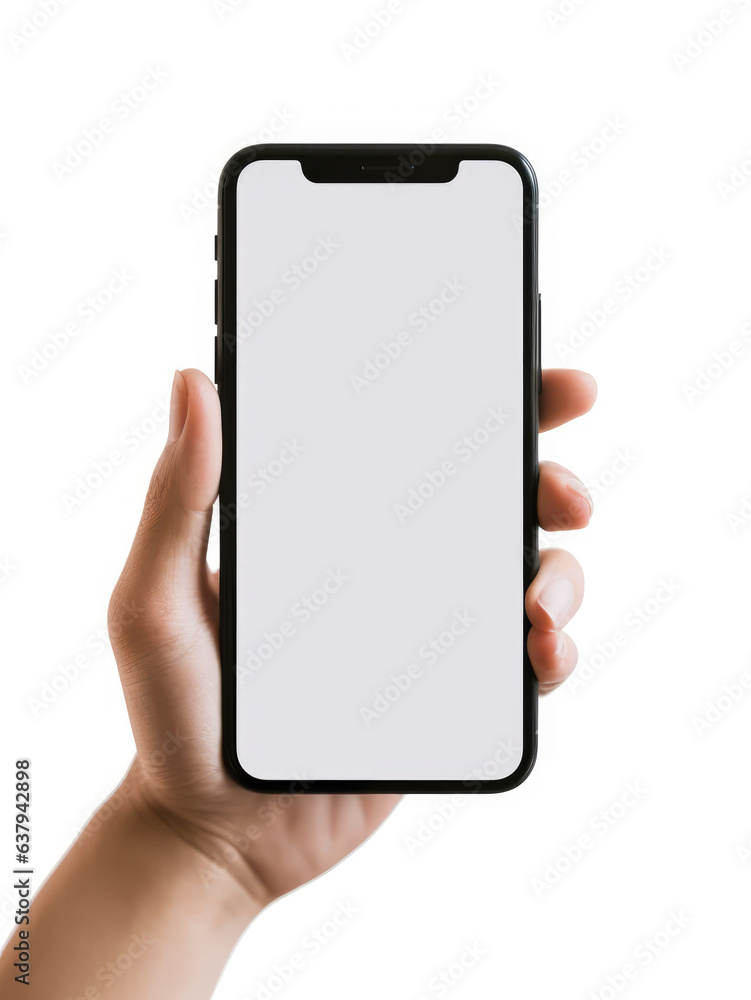 Front view of a hand holding a smartphone isolated on a white background Front view of a hand holding a smartphone isolated on a white background