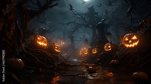 Halloween pumpkins in the dark forest. Halloween background with pumpkins in dark forest. 3d rendering