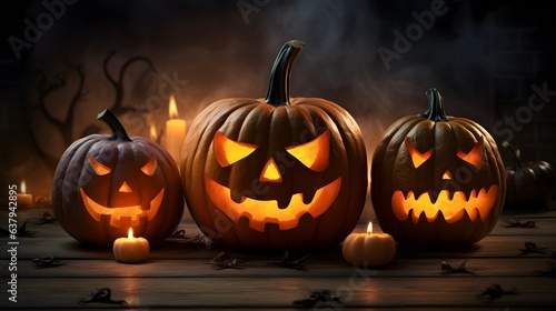 Halloween pumpkins and candles on wooden background. 3d rendering