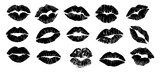 Set of Lipstick kiss print silhouettes. Different shapes female sexy lips. Lips makeup. Female mouth. Imprint of lips kiss vector black outline illustrations isolated on transparent background.