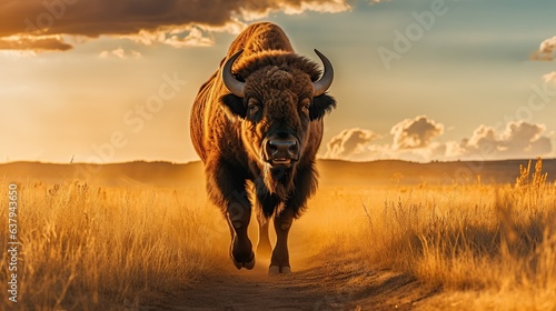 Animal wildlife photography buffalo with natural background in the sunset view, AI generated image © atapdesain