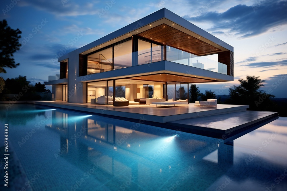 Fototapeta premium Modern house with Swimming pool. Luxury mansion house. Modern minimalist villa.
