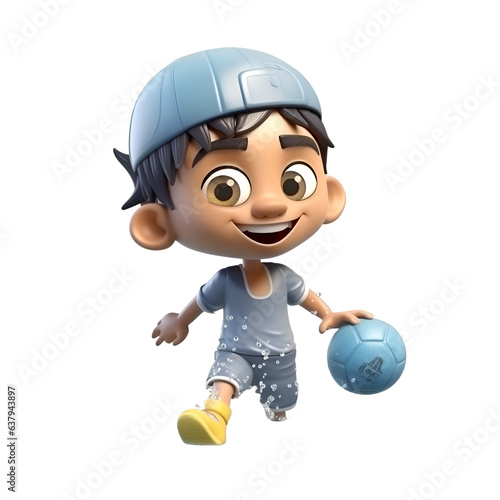 3D Render of a Little Boy playing soccer with a blue cap