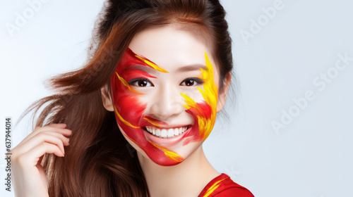 Flag painted on face with green eye to show China support in sport matches