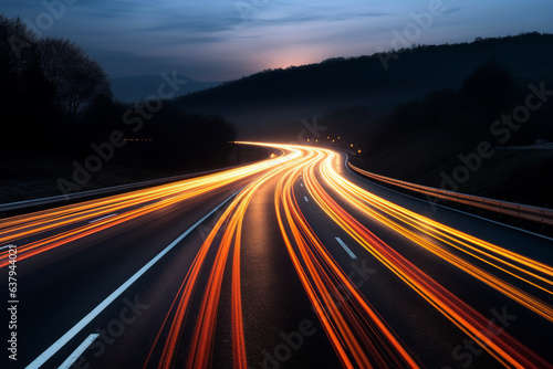 Beautiful trails of light shining on the highway at night with a long exposure and background of the night view of the big city. Nightscape concept suitable for night scenes and landscapes.