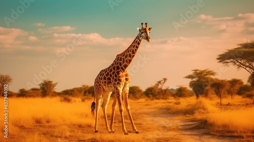 Animal wildlife photography giraffe with natural background in the sunset view, AI generated image © atapdesain