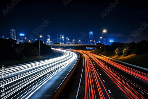 Beautiful trails of light shining on the highway at night with a long exposure and background of the night view of the big city. Nightscape concept suitable for night scenes and landscapes.