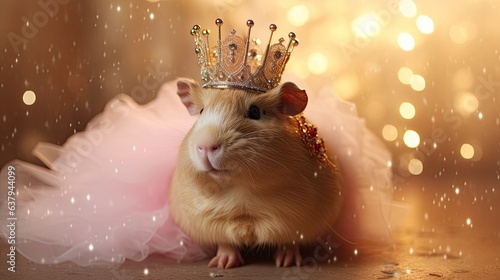An elegant guinea pig dressed as a princess, with a sparkly crown and a flowing gown - Generative ai