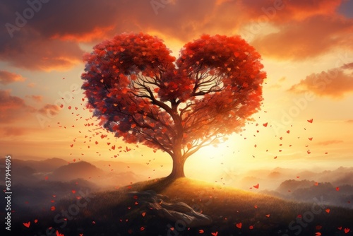 Full of love tree  sunshine background. Beautiful illustration picture. Generative AI