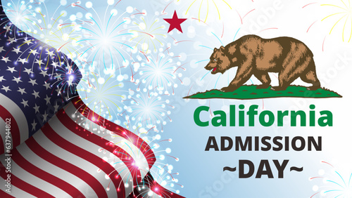 california admission day template design with american flag and and bear