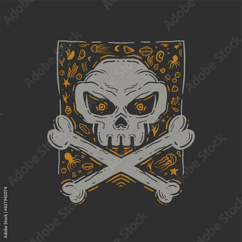 design template skull with ocean background. illustration design hand drawn skull and under sea photo