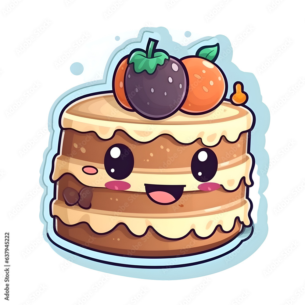 Cute cartoon cake kawaii with fruits. Vector illustration. Cute cartoon cake kawaii with fruits. Vector illustration.