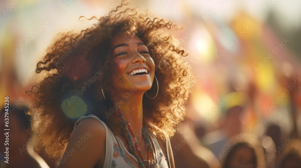 Woman with curly hair at the festival. Beautiful illustration picture. Generative AI Woman with curly hair at the festival. Beautiful illustration picture. Generative AI
