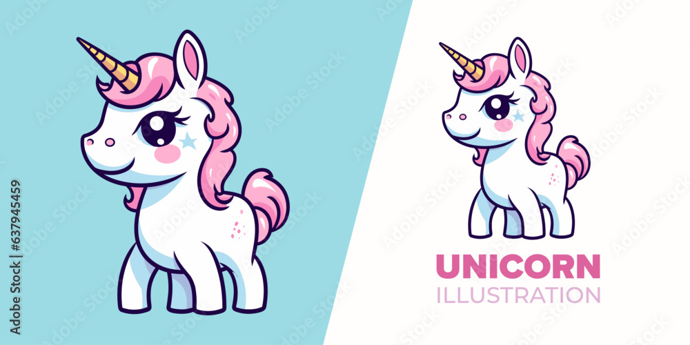 Adorable Vector Illustration: Cute Unicorn Standing Icon in Flat Cartoon Style, Ideal for Posters, Cards, Decoration, and Print