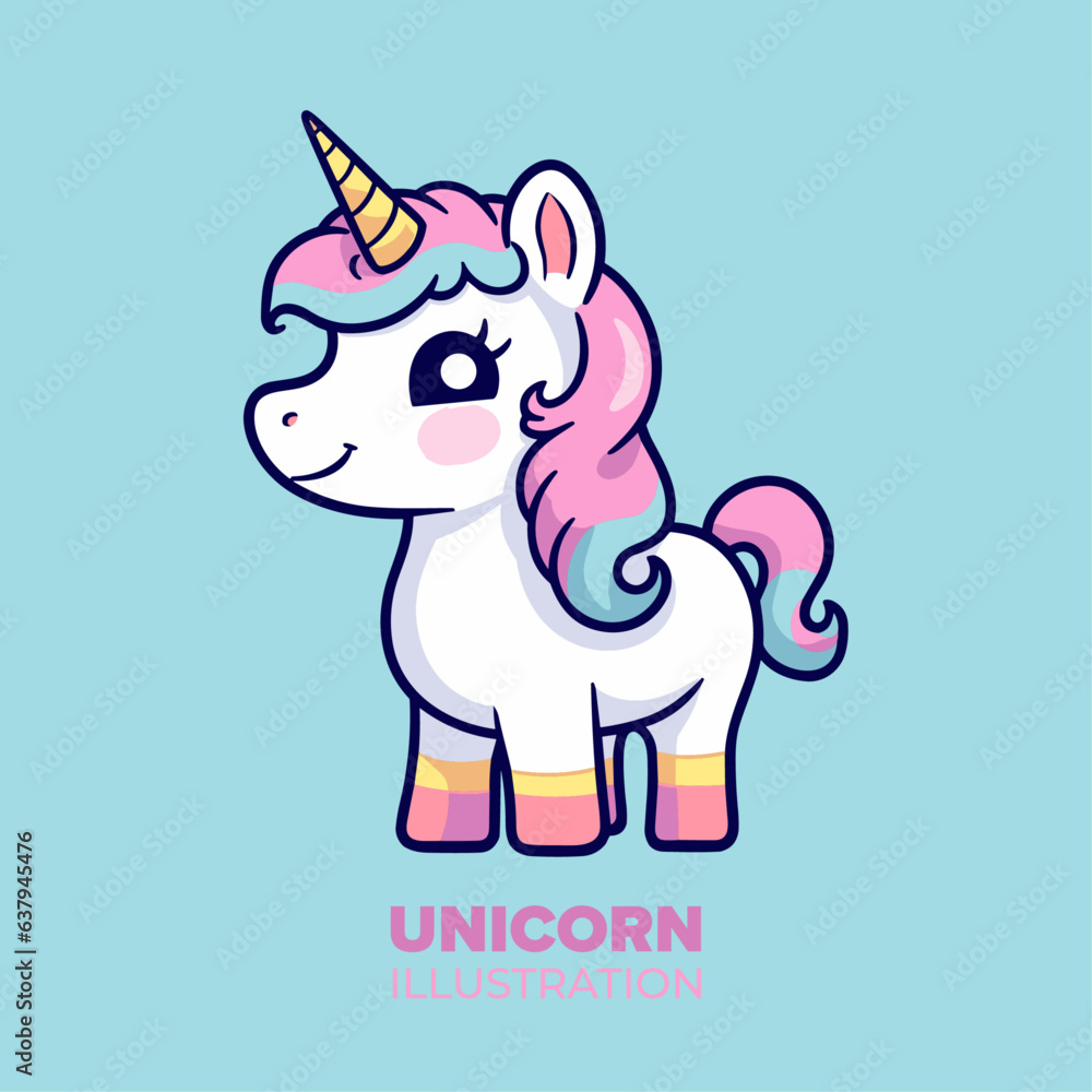 Cute Unicorn Standing: Perfect Icon Illustration in Flat Cartoon Style for Posters, Cards, Decoration, and Print Design Cute Unicorn Standing: Perfect Icon Illustration in Flat Cartoon Style for Posters, Cards, Decoration, and Print Design