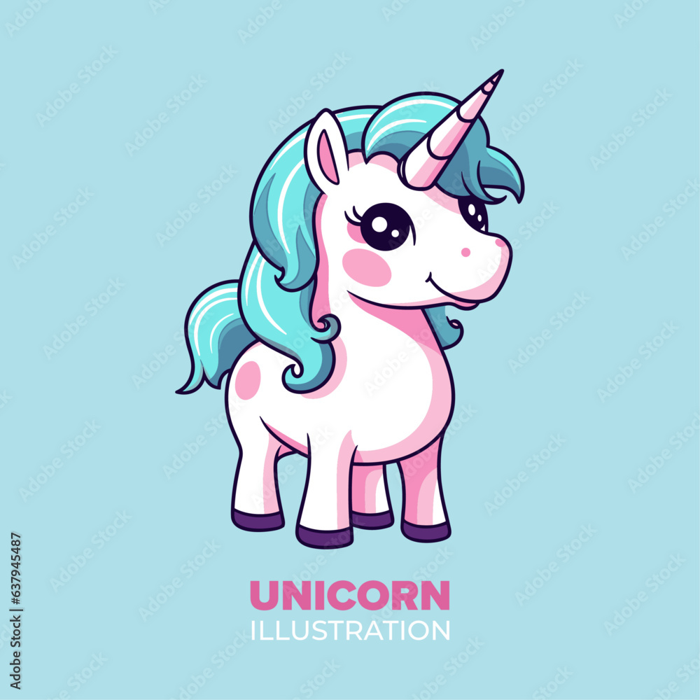Flat Cartoon Style Unicorn: Standing Icon Illustration Vector, Perfect for Posters, Cards, Decoration, and Print