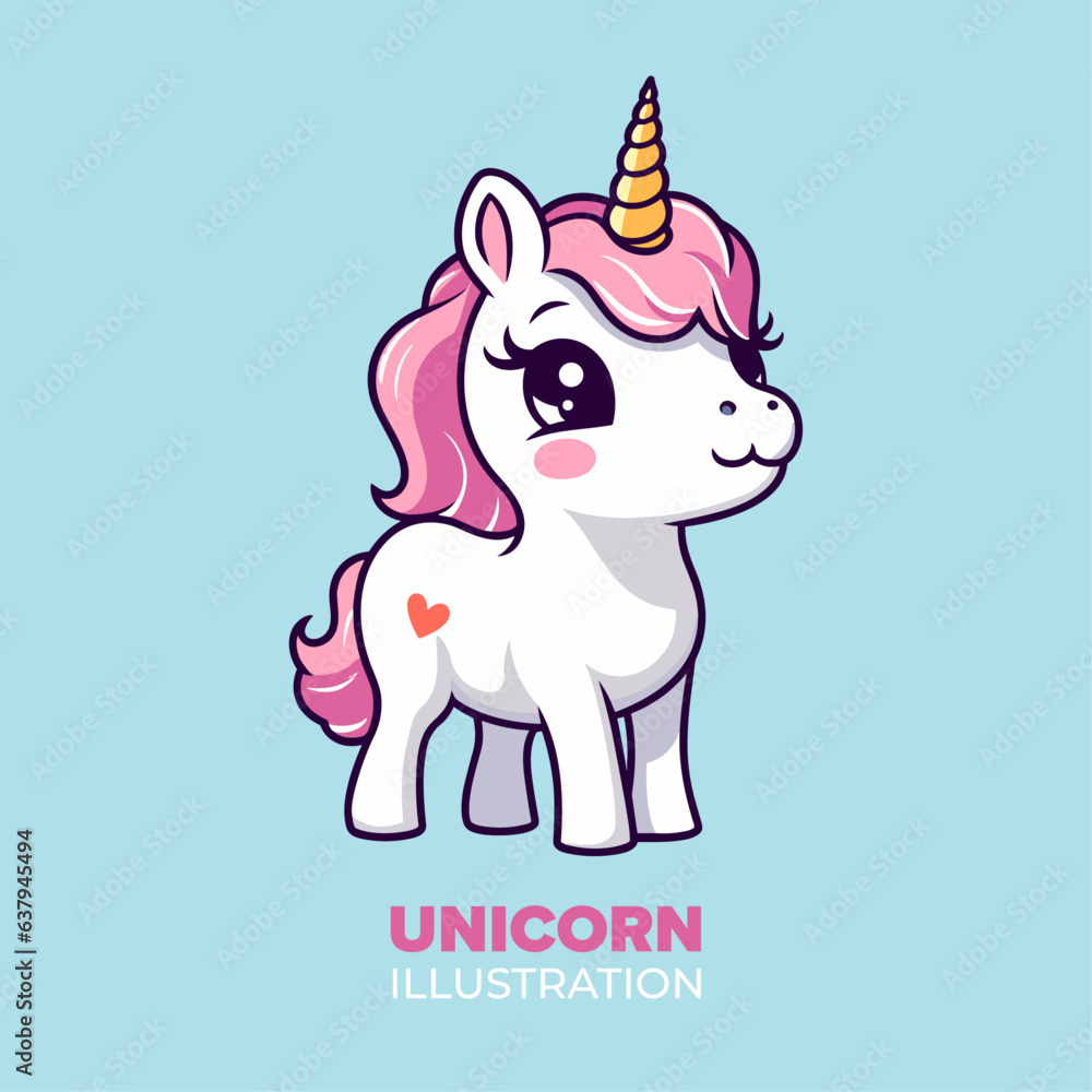 Naklejka premium Cute Unicorn Standing Icon Illustration in Flat Cartoon Style, Great for Posters, Cards, Decoration, and Print