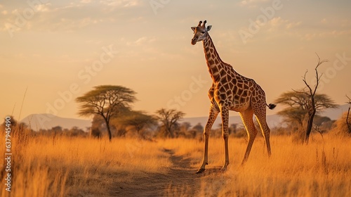 Animal wildlife photography giraffe with natural background in the sunset view, AI generated image © atapdesain