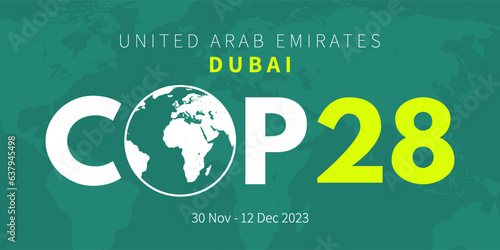COP28 UAE. Annual United Nations climate change conference. Dubai, United Arab Emirates, in November 2023. International climate summit banner. Global Warming. Vector illustration