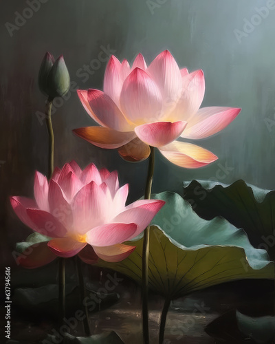 Lotus Flower. Two Pink Lotus Flowers or Water lily Flower on a dark background. Lotus Art  poster  watercolor  oil painting