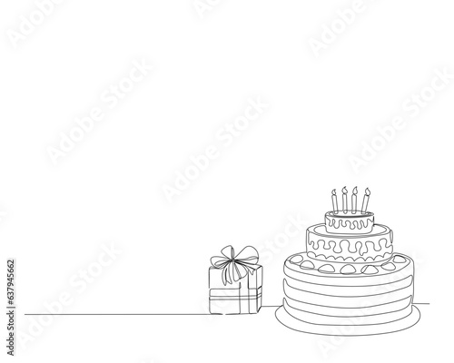 Continuous one line drawing of birthday cake with present box. Birthday cake outline vector illustration. Celebration, party, happy, celebrate, anniversary concept.