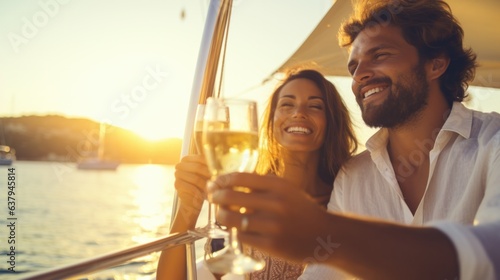 Couple relax and enjoy luxury outdoor lifestyle celebration party drinking champagne together while travel on luxury private catamaran boat yacht sailing in the ocean on summer holiday vacation.