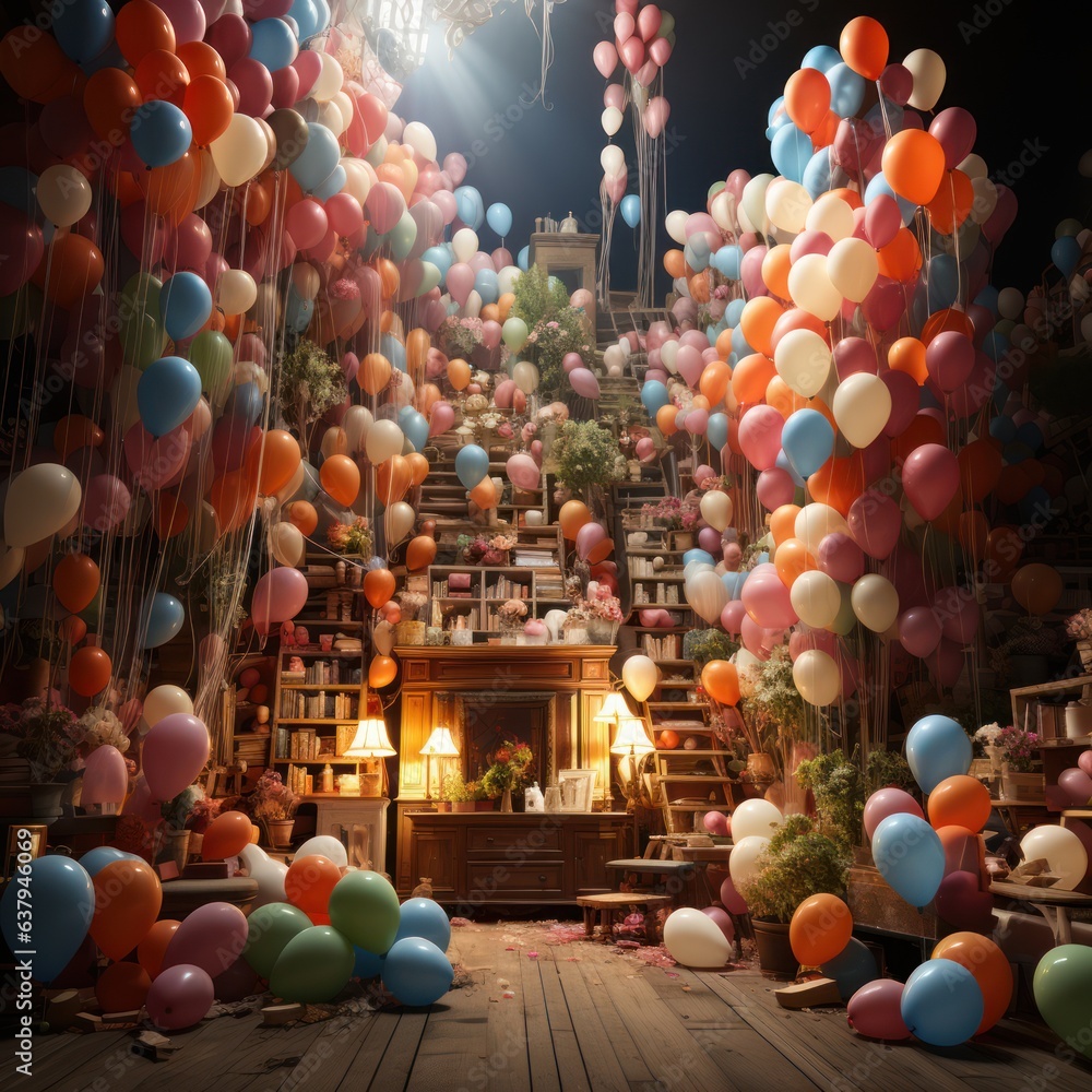 Bunch of colorful balloons in hand, at wedding, birthday and other happy celebrations. Great for business, wallpaper, decoration, inspiration, website, party. Ai generative concept