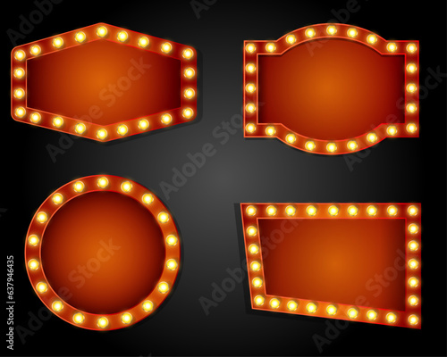 Retro lightboxes, cinema signs or billboard signage. Vector movie theater light frames. Retro lightboxes and signboards for circus show, Vegas casino club, vintage light bulb boxes, banners 