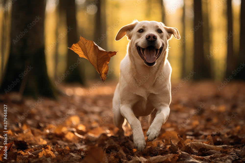 A long-haired dog runs in the autumn forest, yellow leaves fly A long-haired dog runs in the autumn forest, yellow leaves fly