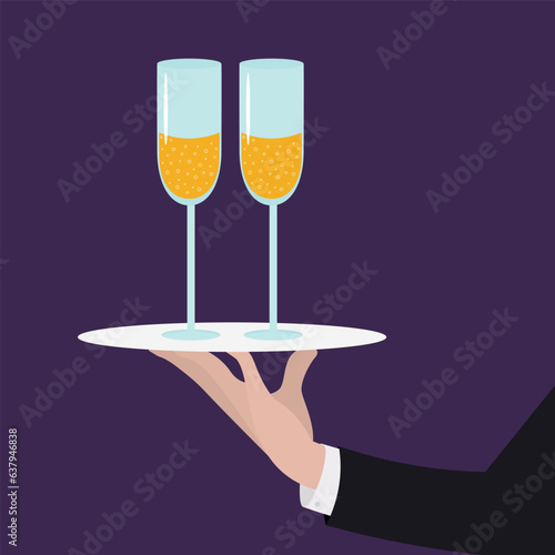 Glasses of champagne in full in the hands of a waiter. Christmas illustration