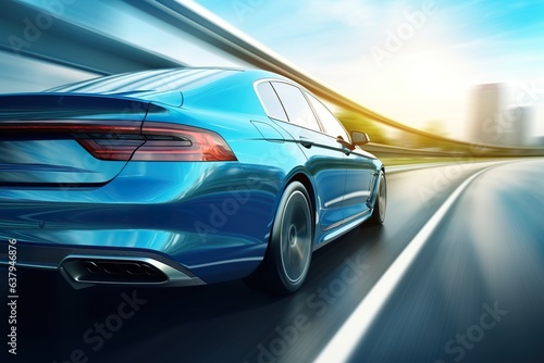 Close-up Rear view of blue Business car on high speed in turn. Blue car rushing along a high-speed highway © JetHuynh