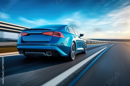 Close-up Rear view of blue Business car on high speed in turn. Blue car rushing along a high-speed highway © JetHuynh