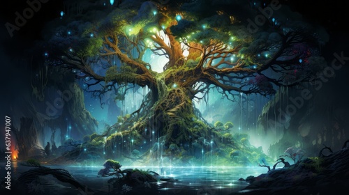 Magical tree at night. Beautiful illustration picture. Generative AI