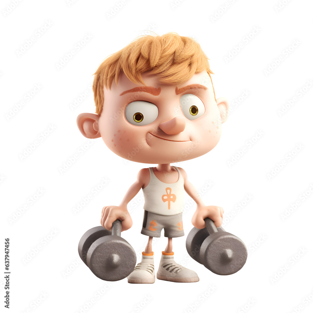 Boy with dumbbells isolated on a white background. 3d rendering. Boy with dumbbells isolated on a white background. 3d rendering.