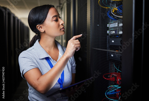 Woman, technology and inspection of server room, engineering cables and power solution or hardware problem solving. Technician on tablet, cybersecurity check and data center programming in basement