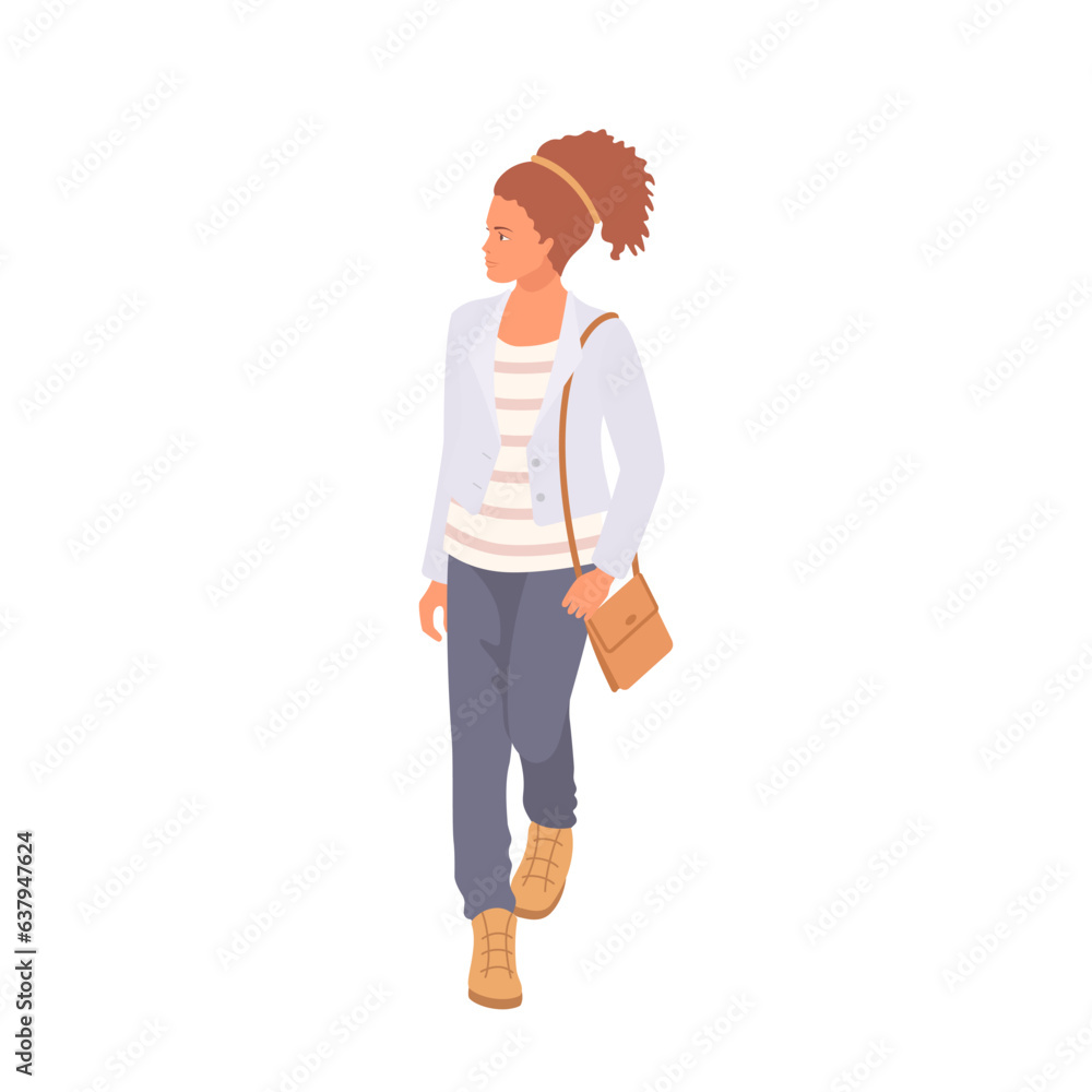 Walking cute young woman. Fashion for teenagers. Cartoon flat style. Vector illustration