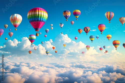 Colorful hot air balloons flying high in blue sky. 3D rendering