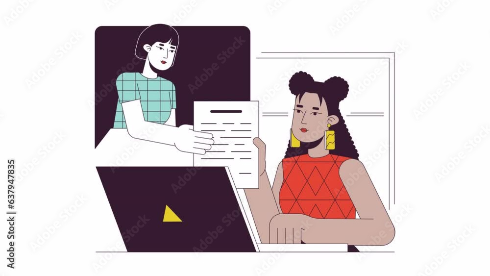 Remote working line 2D animation. Sharing colleagues online 4K video motion graphic. Outsourcing employee. Freelancer woman teleworking linear animated cartoon flat concept, white background Remote working line 2D animation. Sharing colleagues online 4K video motion graphic. Outsourcing employee. Freelancer woman teleworking linear animated cartoon flat concept, white background