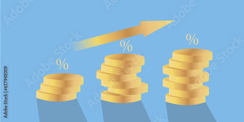 Vector Stack of coins money with an arrow up and percentages. Concept of successful investment and profitable business