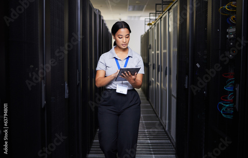 Woman, tablet and engineer in server room on research for programming at night. Information technology, inspection and technician in data center reading, network maintenance or typing software code