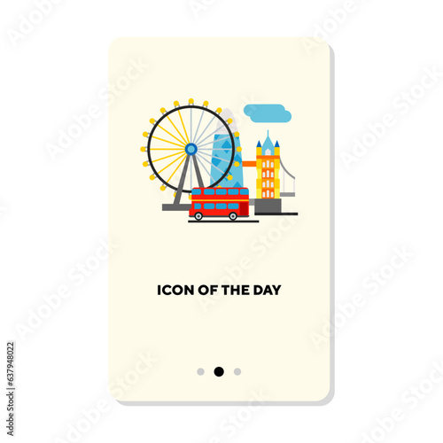 Double-decker bus and landmarks of London flat icon. Vertical sign or vector illustration of place for trip, vacation or holiday. Sightseeing, tourism, architecture concept for web design and apps